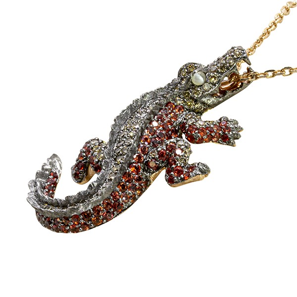 18K Brown Diamond & Orange Sapphire Crocodile Pendant on Chain